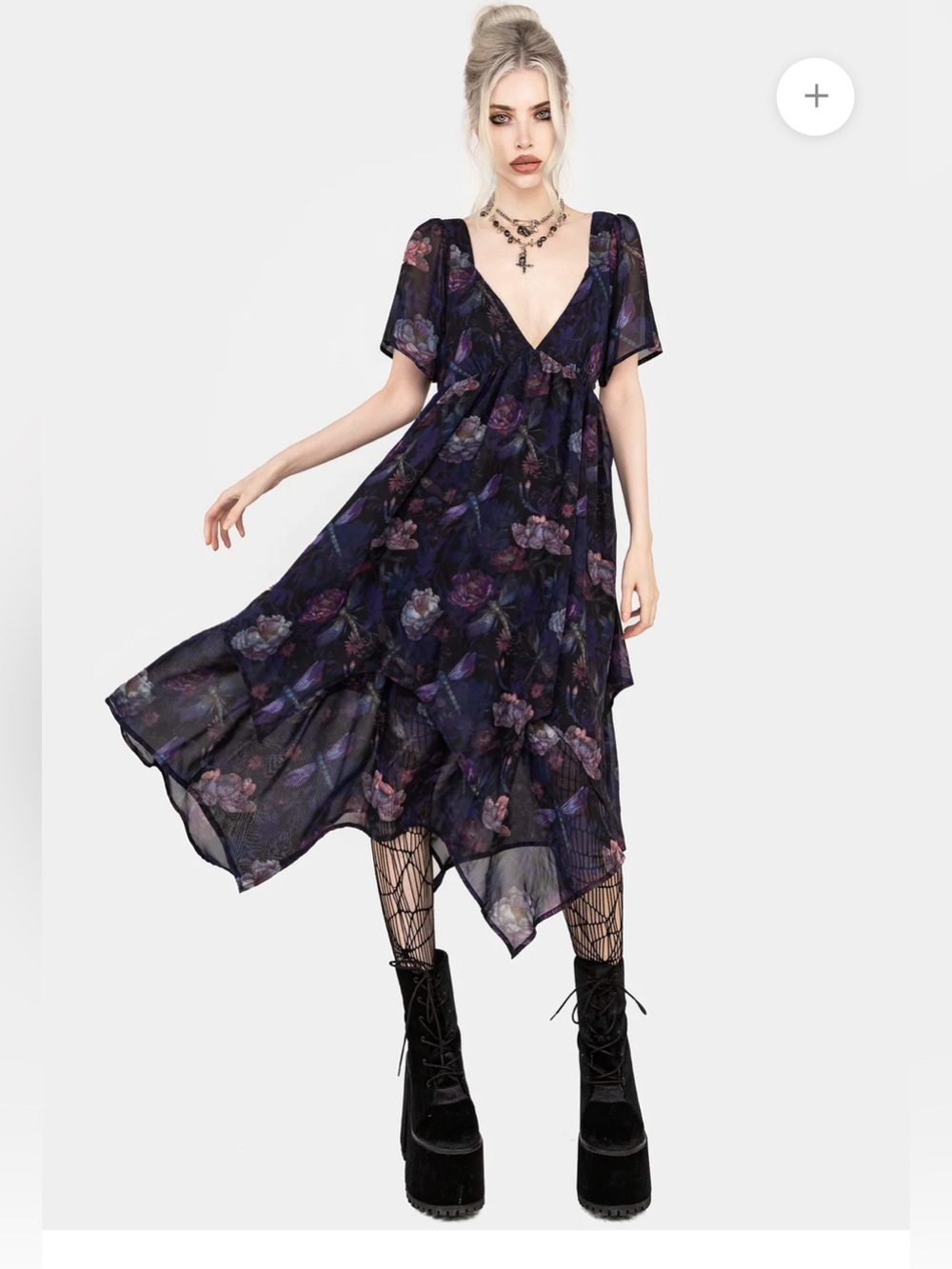 NWOT Disturbia Dragonfly Floral Print Chiffon Handkerchief Hem Dress Sz 14